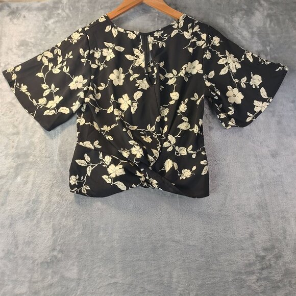 Womens Floral‎ XS Black White Peplum Ruffle Hem Casual Y2K babydoll Cropped Top - Picture 3 of 13